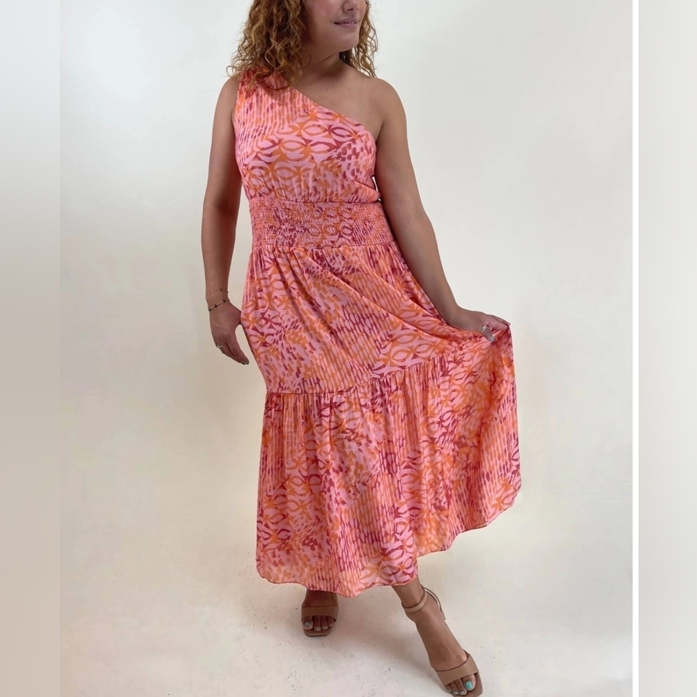 Lucy Paris Adeline One Shoulder Chic Maxi Cottagecore Tiered Resortwear Dress S